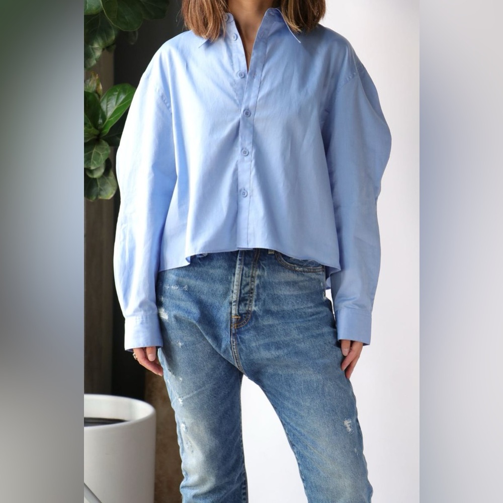 Miles Shirting Scallop Sleeve Cropped Boyfriend Shirt
